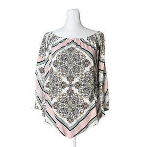 Y2K Asymmetrical Boho Peasant Blouse Medallion Print Off Lace Shoulder Top Sz S